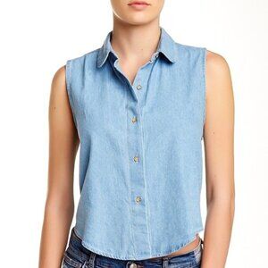 ❤️3/30$ American Apparel Women's Blue Denim Front Button Sleeveless Crop Shirt